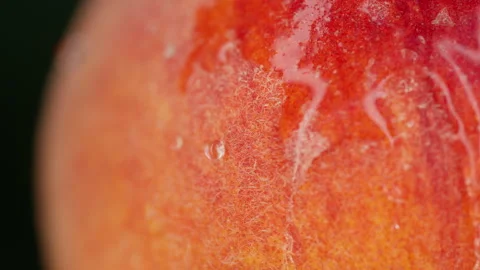 Extreme macro close-up of ripe peach rotating slowly as water gently flows acros Stock Footage 346495438