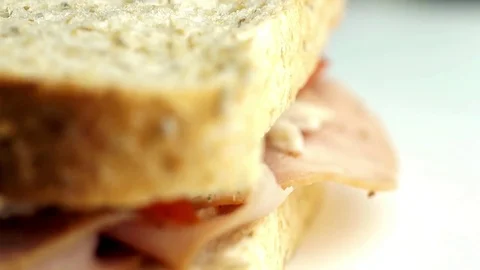 Extreme macro closeup of delicious ham sandwich Stock Footage 79728029