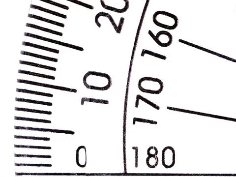 Extreme macro detail of a protractor scale showing degree measurement lines Stock-Fotos