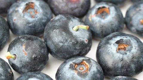 Extreme Macro Rotating Fresh Blueberries with Water Drops Texture 4K Stock Footage 320655400