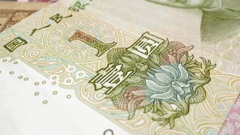 Extreme macro shot of a 1 Chinese yuan banknote with a sliding motion. Stock Footage 302204011