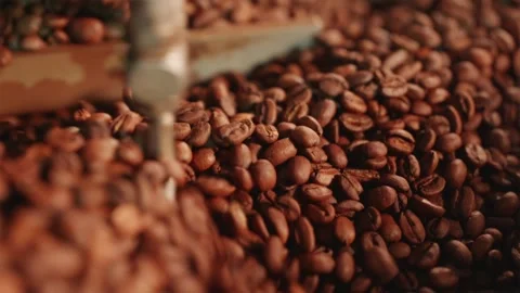 Extreme macro shot of hot roasted coffee beans moving Stock Footage 334732439