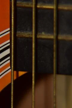 Extreme macro shot of instrument strings of acoustic guitar. 스톡 사진