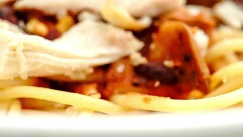 Extreme macro shot of spaghetti with cheese and bacon Stock Footage 83049576