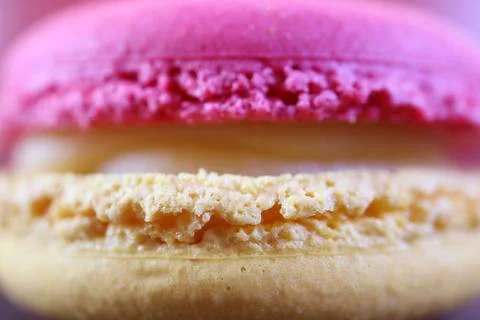 Extreme macro texture of a pink raspberry macaron with creamy filling Stock Photos