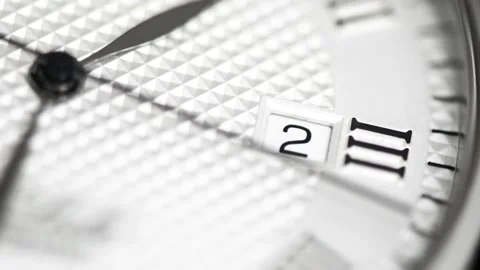 Extreme macro view of mechanical watch face with silver textured dial and R.. Stock Footage 339398826