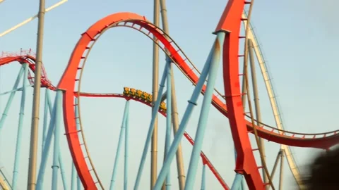 Extreme Rides Of Dragon Khan Roller Coaster In China Area At Port Aventura Video stock 252190786