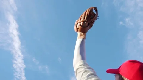 Extreme Slow Motion Baseball Catch Success By Fielder Wearing Glove, High Ball Stock Footage