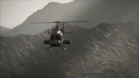 Extreme slow motion flying helicopter near mountains with fog Stock Illustration