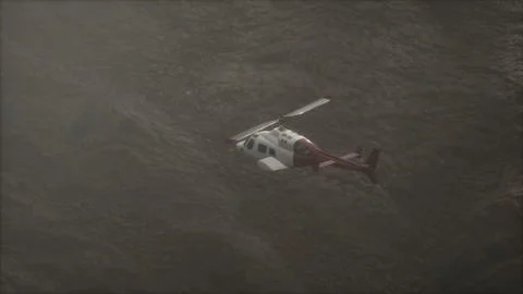 Extreme slow motion flying helicopter near mountains with fog Stock Illustration