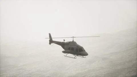 Extreme slow motion flying helicopter near mountains with fog Stock Illustration