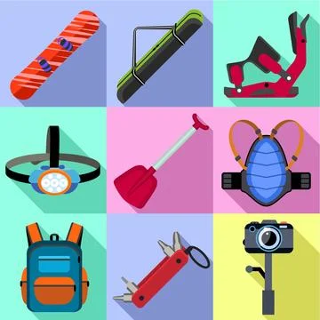 Extreme snowboarding icon set, flat style Illustrazione stock