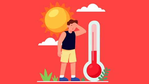 Extreme Summer Heatwave with Exhausted Man, Thermometer and Bright Sun Anima Stock Footage 338037752