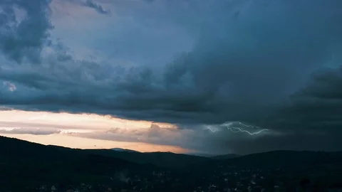 Extreme thunderstorm with several lightning strikes. Drone aerial footage. Stock Footage 113041757