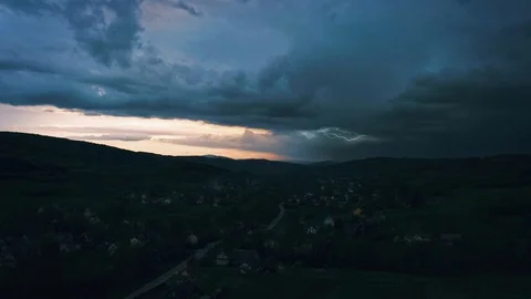 Extreme thunderstorm with several lightning strikes. Drone aerial footage. Stock Footage 113041768
