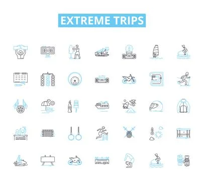 Extreme trips linear icons set. Adventurous, Thrilling, Intense, Challenging Stock Illustration