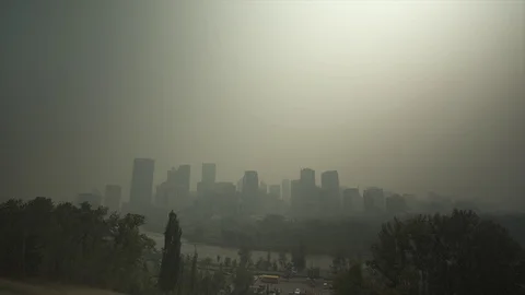 Extreme Wide Angle Calgary Downtown With Smokey Sky Stock Footage 93798005