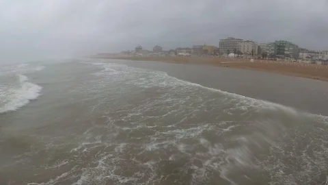 Extreme wind and rain on the beach. Storm on the Adriatic Sea. Rimini. May 2019 스톡 동영상 108114085