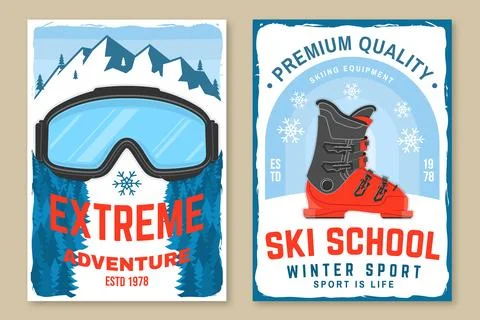 Extreme winter adventures. Vector ski club retro flyer, poster, banner with.. Stock Illustration