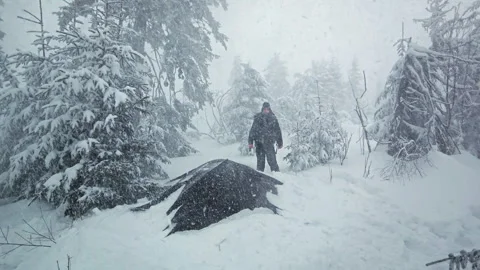 Extreme Winter Blizzard Storm On Mountain Peak Hiker Shelter Stock Footage 336497306