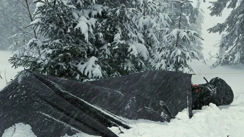 Extreme Winter Blizzard Storm On Mountain Peak Hiker Shelter Stock Footage 336498632