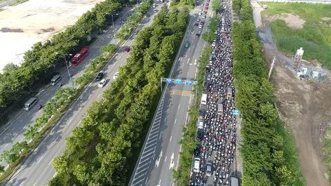 Extremely busy Vietnamese traffic during rush hour. Drone View. Stock Footage 124504731
