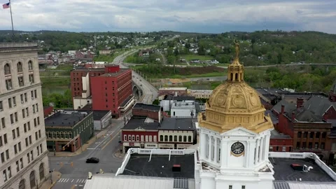 Extremely close aerial view of the top of the Marion County courthouse in Stock Footage 130444595