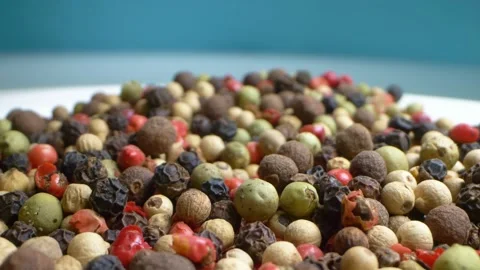 Extremely close-up, detailed. mix of five peppers, multi-colored kernels Stock Footage 147622981