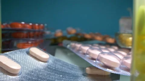Extremely close-up, detailed. multicolored pills in packages Stock Footage 146866595