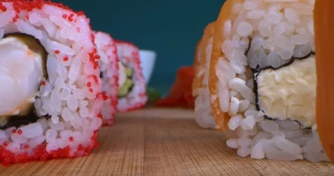 Extremely close-up, detailed. sushi set california and philadelphia, change of Stock Footage 150026187