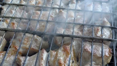 Extremely close-up of pieces of roasted meat, which is prepared on the coals  Video stock 104415535