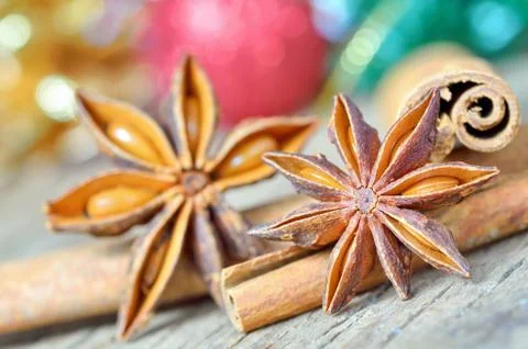 Extremely closeup view of anise star and cinnamon sticks Stock Photos