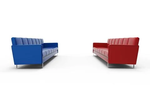 Extremely long red and blue sofa isolated on white background. 3d rendering 3 Stock Illustration