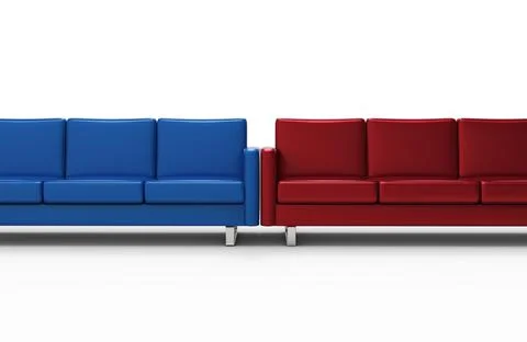 Extremely long red and blue sofa isolated on white background. 3d rendering Stock Illustration