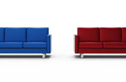 Extremely long red and blue sofa isolated on white background. 3d rendering 3 Stock Illustration
