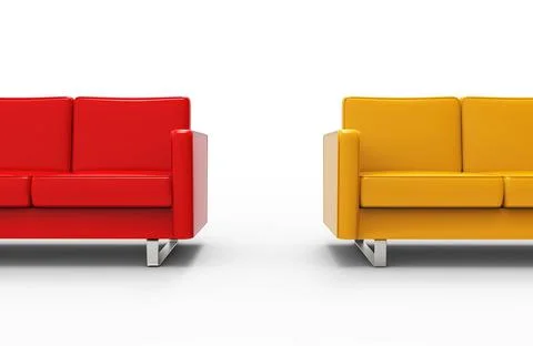 Extremely long red and yellow sofa isolated on white background. 3d rendering Stock Illustration