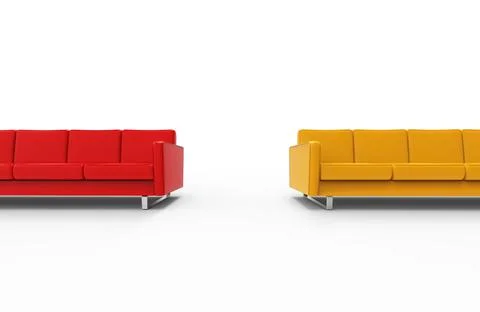 Extremely long red and yellow sofa isolated on white background. 3d rendering Stock Illustration