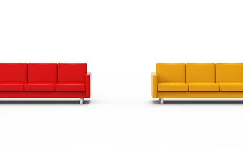 Extremely long red and yellow sofa isolated on white background. 3d rendering Stock Illustration