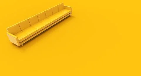 Extremely long yellow sofa isolated on yellow background. 3d rendering Stock Illustration