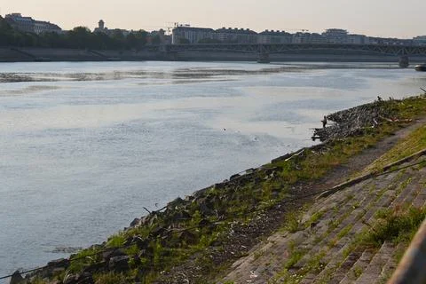 Extremely low Danube water level in Budapest 스톡 사진