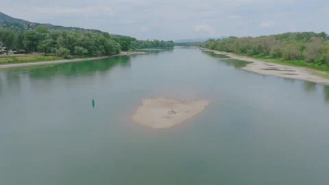 Extremely low water level on the Danube, Hungary, Europe. Aerial photos in 2026. Stock Footage 339833092