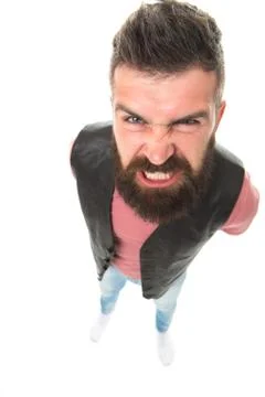 Extremely mad. Man aggressive face expression stand white background. Stressful 스톡 사진