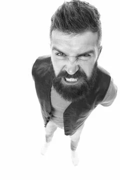 Extremely mad. Man aggressive face expression stand white background. Stressful 스톡 사진