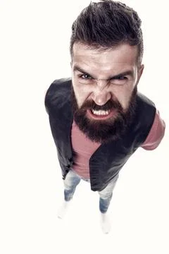 Extremely mad. Man aggressive face expression stand white background. Stressful Foto stock