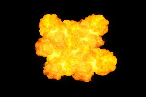 Extremely massive fire explosion, orange color with sparks isolated on black  Stock Photos