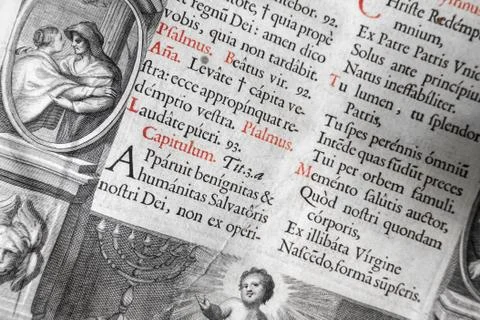 Extremely Old Latin Text Black White Vintage BIble Background Red Highlights Stock Photos