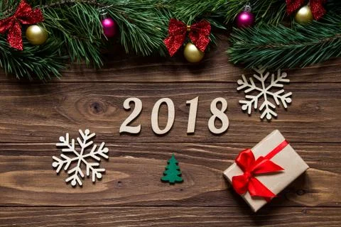 Extremely original exposition of 2018 with two white beautiful snowflakes, green Stock Photos