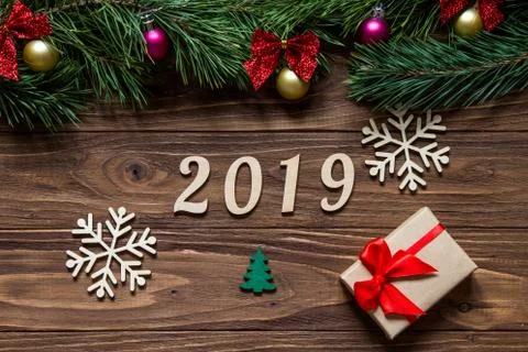 Extremely original exposition of 2019 with two white beautiful snowflakes, green Stock Photos