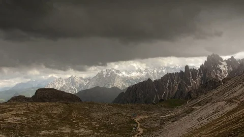 Extremly dark thunderclouds in the Dolomites time lapse Stock Footage 77158486