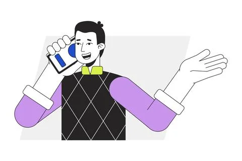 Extroverted man having conversation on phone flat line vector spot illustration Illustrazione stock